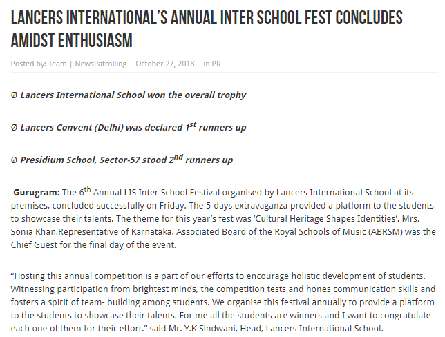 'Lancers International’s Annual Inter School Fest concludes amidst enthusiasm' (31st Oct 2018)