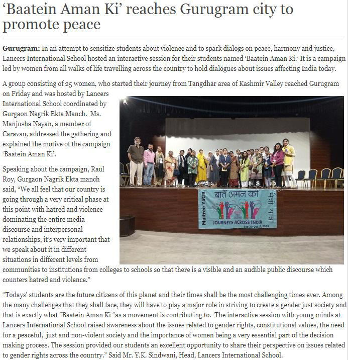 ‘Baatein Aman Ki’ reaches Gurugram city to promote peace' (20th Oct 2018)